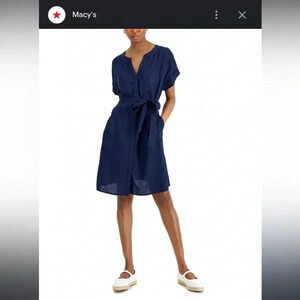 Linen Luxury Charter Club navy belted dress, split neck, button up, pockets, M